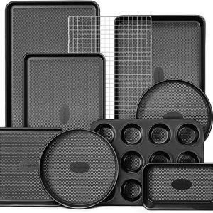 HONGBAKE 9-Piece Baking Pans Set Nonstick, Stackable Non Toxic Bakeware Sets with Diamond Texture, Oven Pan Set for Cooking, Includes Cookie Sheet with Rack, Cake Pan, Roasting Pan, Muffin Pan, Gray