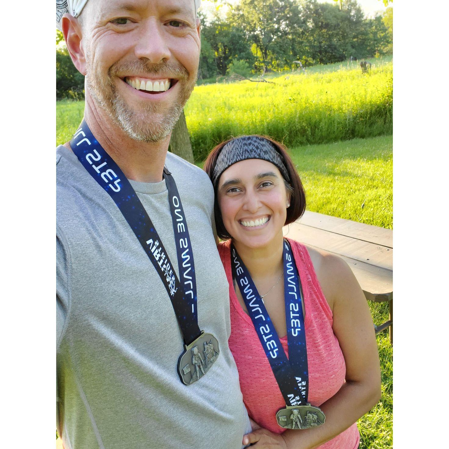 One Small Step virtual 5k at Moraine Hills State Park. We finished in 44 minutes 56 seconds. July 22, 2019