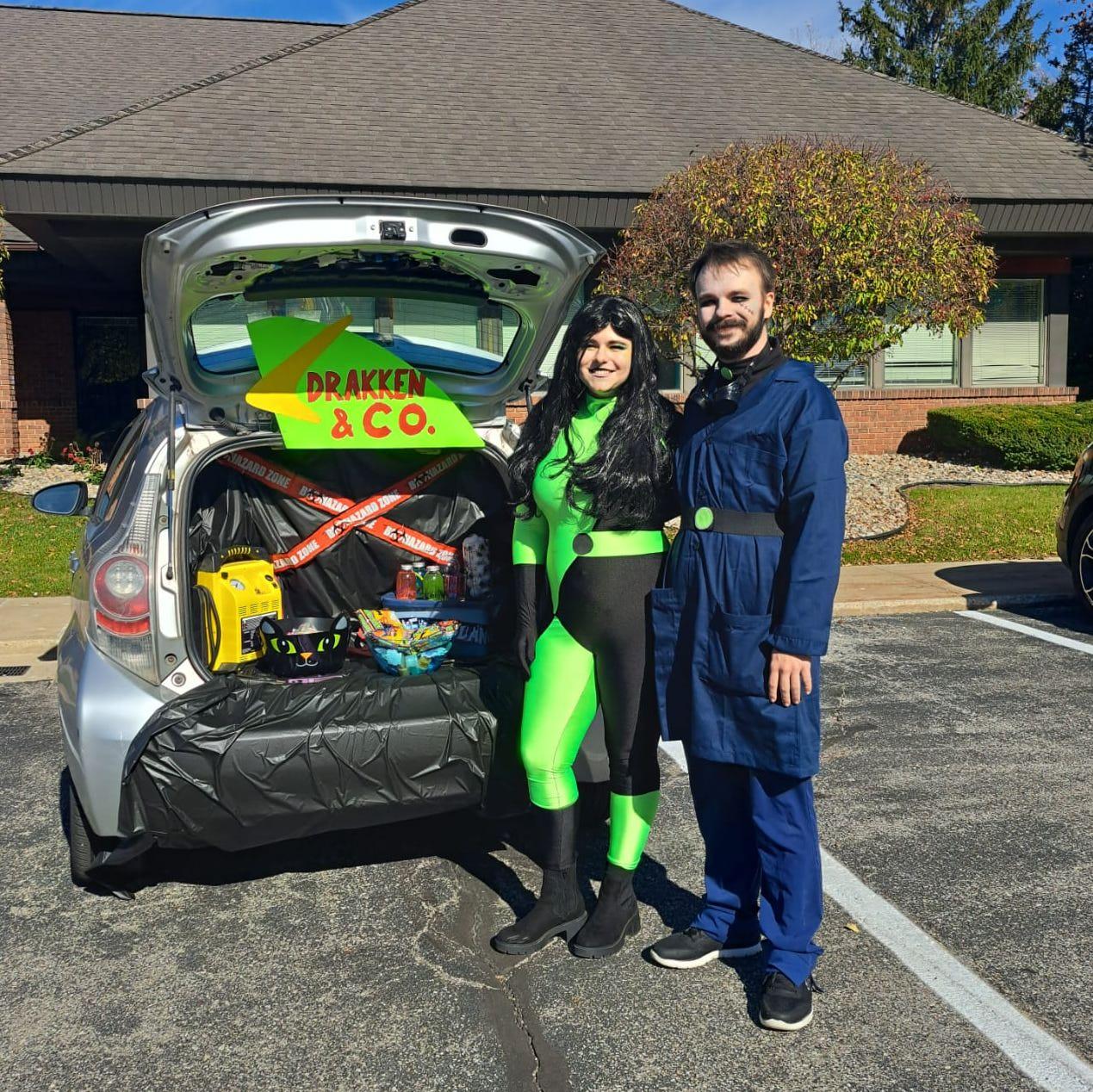 Trunk or Treat dressed as Shego and Dr. Drakken from Kim Possible