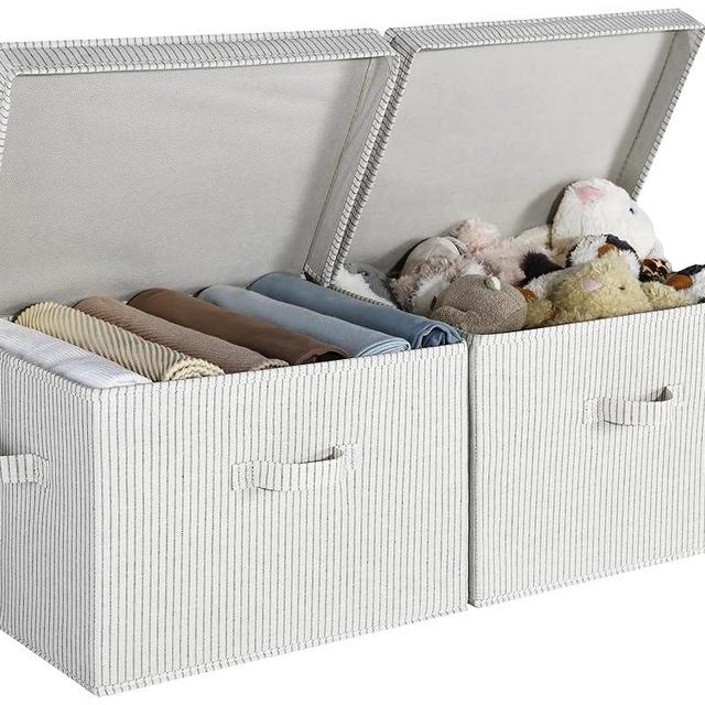 StorageWorks Closet Storage Bin with Lids, Decorative Storage Boxes with Handles, Fabric Storage Bins for Clothes, Jumbo, Gray and White Stripes, 2-Pack