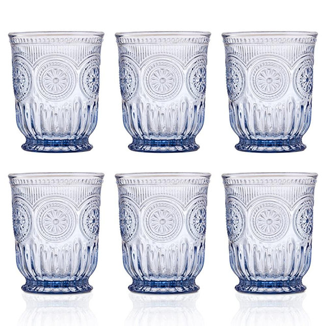 Blue Glassware set of 6 small dishwasher safe colored glasses, Blue glass cups, matching highball and wine glasses available