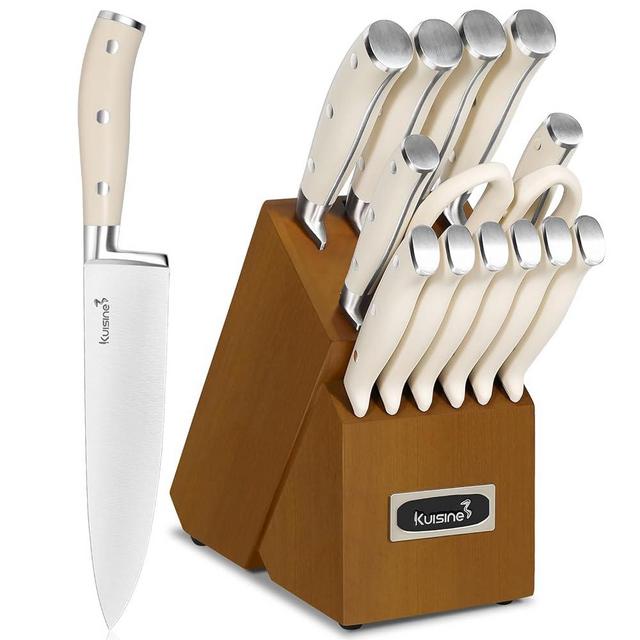 Kuisine Kitchen Chef Knife Block Set,High Carbon Stainless Steel Razor-Sharp Blade Ergonomic Handle,Knife Set Block with Built-in Sharpener,Elegant Gift(Ivory,15pcs)