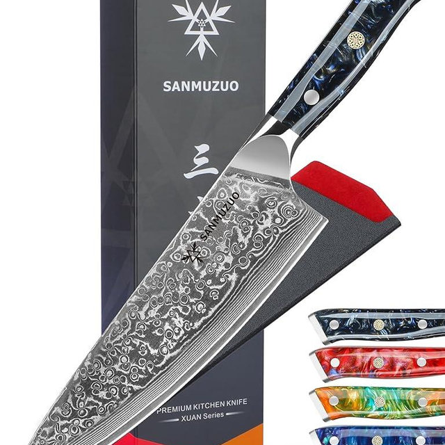 SANMUZUO Chef Knife - 8 inch - Xuan Series - VG10 Damascus Steel Kitchen Knife - Resin Handle (Starry Black)