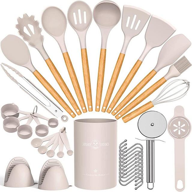 Umite Chef 36pcs Silicone Kitchen Cooking Utensils with Holder, Heat Resistant Cooking Utensils Sets Wooden Handle, Khaki Nonstick Kitchen Gadgets Tools Include Spatula Spoons Turner Pizza Cutter