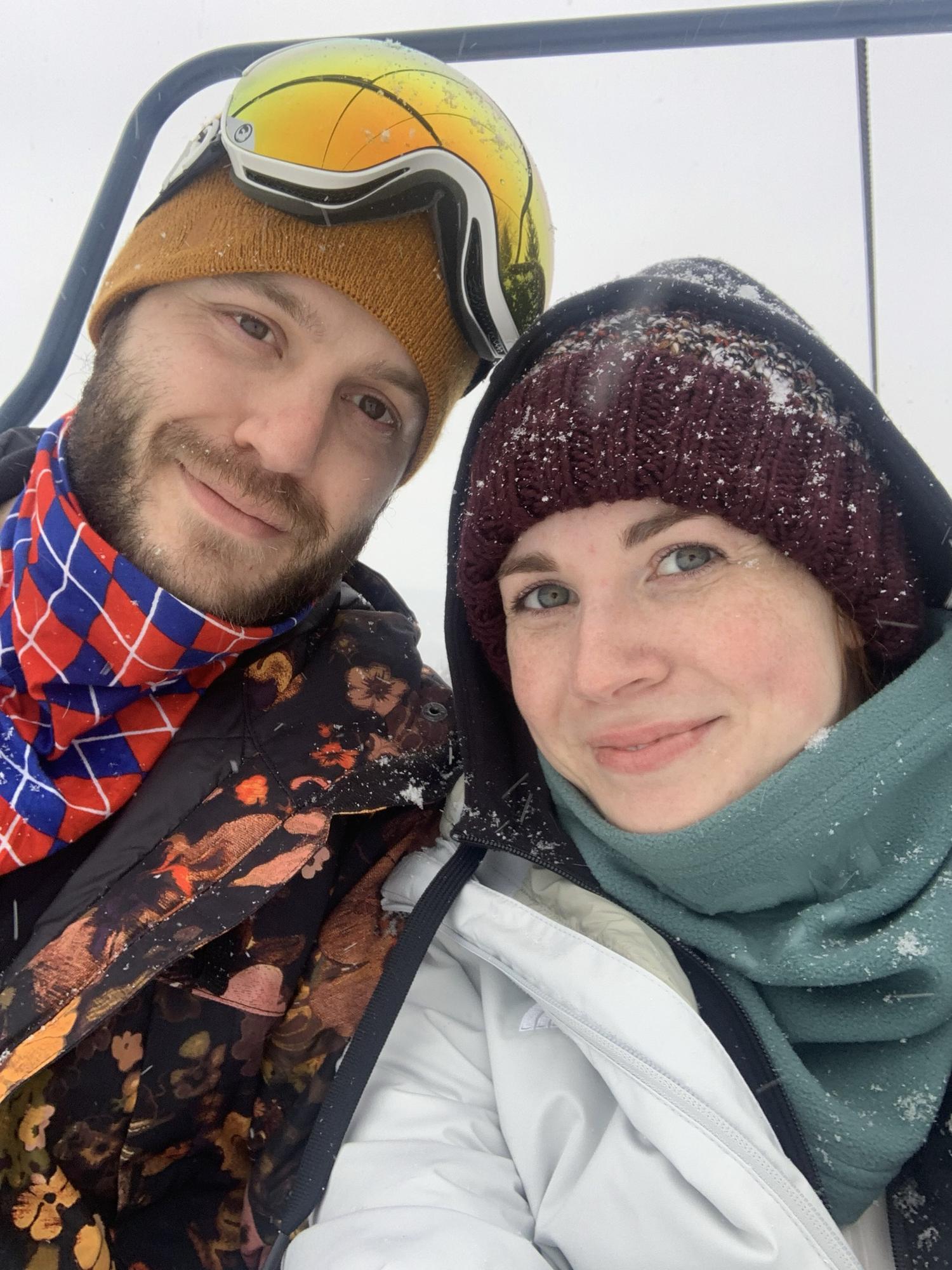 Our first photo together and Kelsey’s first time snowboarding