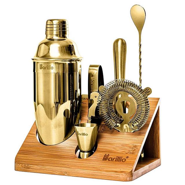 Gold Elite Mixology Bartender Kit Cocktail Shaker Set by Barillio: Golden Drink Mixer Set with Bar Tools, Sleek Bamboo Stand, Velvet Carry Bag & Recipes Booklet Small Bartender Kit Gold