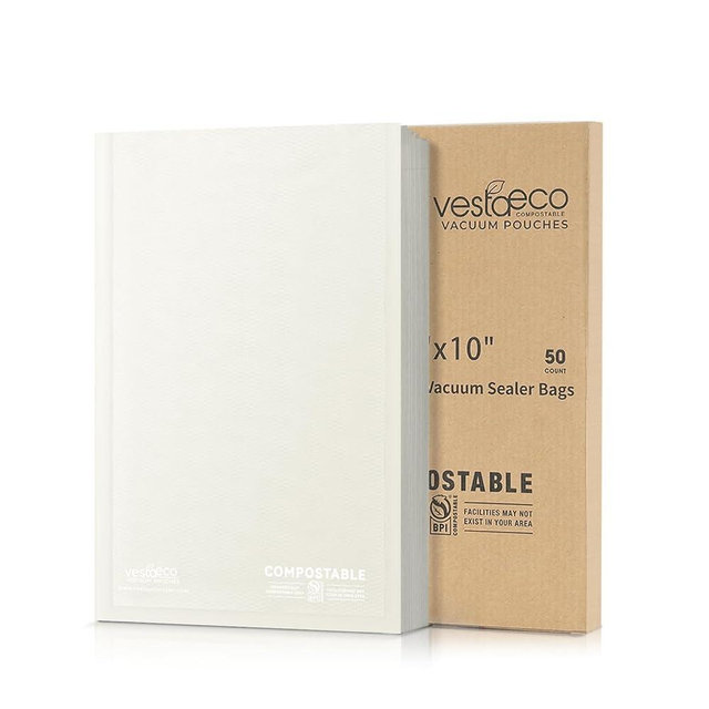 VestaEco Compostable Vacuum Sealer Bags for food, 50 Pint 6" x 10" Precut, Heavy-Duty Embossed Vacuum Seal Food Saver Bags, BPA-Free, for Storage, Meal Prep or Sous Vide