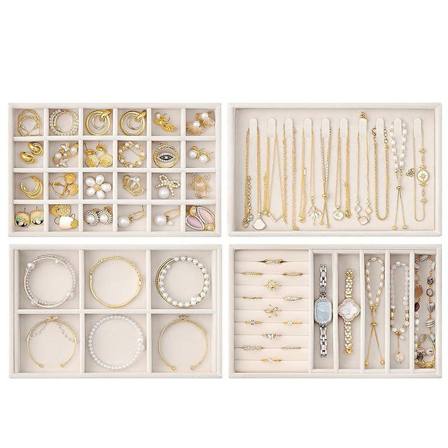 Lolalet Jewelry Drawer Organizer Inserts, Stackable Velvet Tray Jewelry Storage Organizers Set Display Cases for Necklaces Bracelets Earrings Rings Chains Bangles Watches -Beige, Set of 4