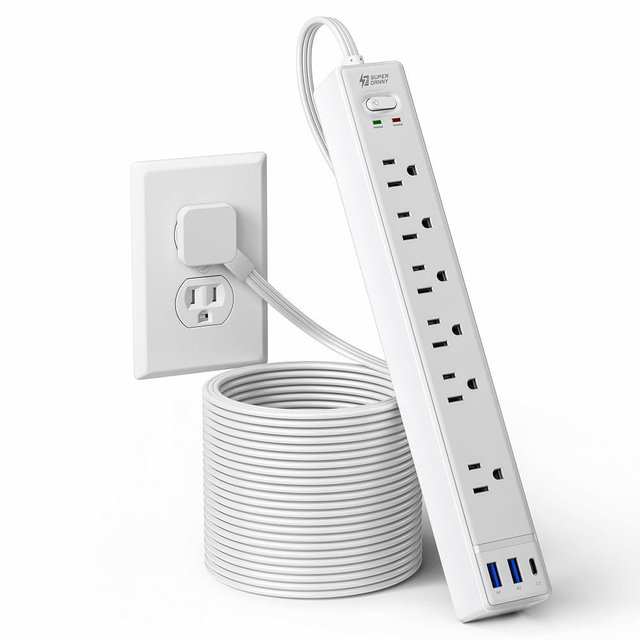 15Ft Long Extension Cord, SUPERDANNY Surge Protector Power Strip with 6 Outlets & 3 USB Ports, Flat Plug Power Strip Wall Mountable, Desk Charging Station for Home Office, College Dorm Room Essentials