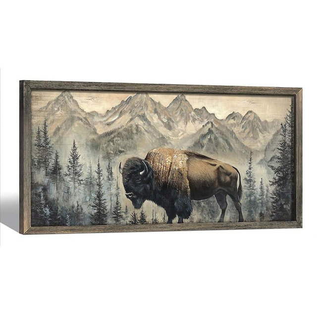 Wildlife Wall Art Framed Decor: Wild Animal Wood Print Decoration Buffalo Bison Picture Rustic Nature Woodland Painting Artwork for Cabin Bathroom Living Room 24 x 12 Inch