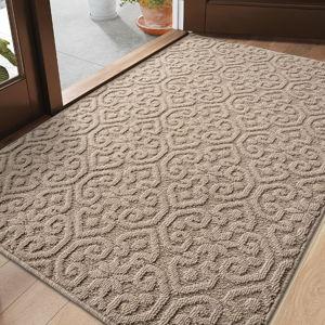 DEXI Front Door Entryway Mat Non Slip, 17x30 Washable Inside Entrance for House Floor Low Profile, Thin Entry Doormat Absorbent Dirt Trapper, Light Beige