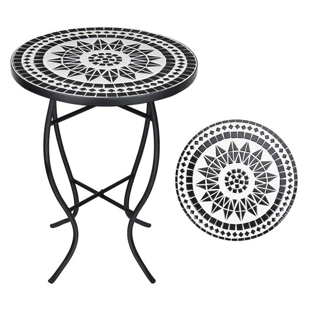 VCUTEKA Mosaic Outdoor Side Table, 14" Round Small Patio Accent Table Indoor End Table for Yard, Garden, Living Room, Bistro Balcony or Lawn Black