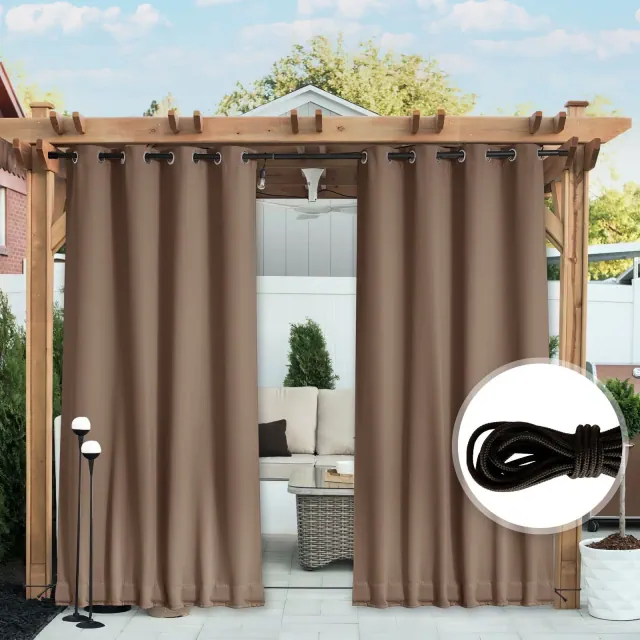 NICETOWN Weatherproof Outdoor Curtains Windproof Waterproof Privacy Drapes with Rope 2 Panels, 52W x 84L, Cappuccino