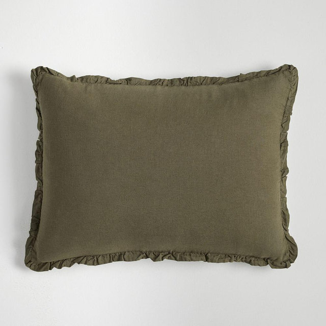 European Flax Linen Ruffle, Standard Sham, Dark Olive