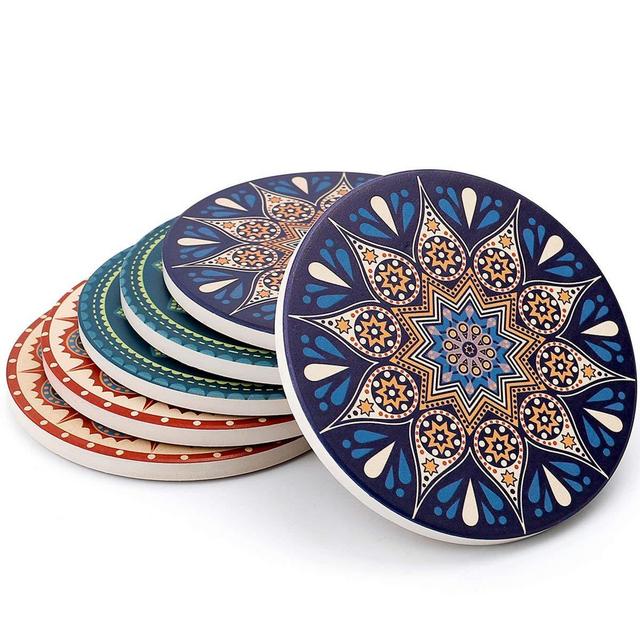 Teocera Drink Coasters Mats - Moisture Absorbing Stone Coasters with Cork Base, Prevent Furniture from Dirty and Scratched, Stone Coasters set Suitable for Kinds of Mugs and Cups , Set of 6