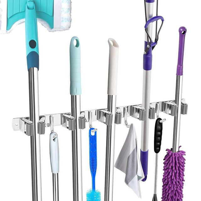 UNIFUN Broom Holder Wall Mount, Broom Organizer Wall Mount Stainless Steel Broom and Mop Hanger Heavy Duty Storage Organization for Home Kitchen Garden Garage Room 5 Racks 4 Hooks(Grey Rack)