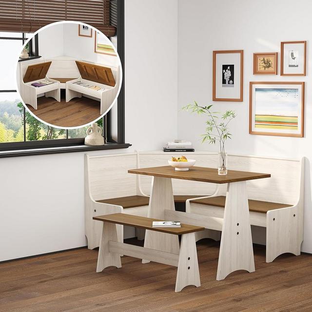Farmhouse Breakfast Nook table Set, Dining Nook Set with Corner Bench, Space-Saving Mid Century Modern Small Dining Table Set, Solid Wood Kitchen Nook Set, Kitchen Table Corner set (Storage-WB)