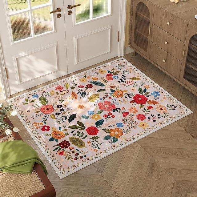 Rugcomf Door Mat Indoor Entrance 2x3 Rug Machine Washable Boho Floral Small Area Rug Non-Slip Low Pile Throw Rugs for Entryway, Kitchen, Front Door Indoor Entrance, Entry, Kids Room (Beige)