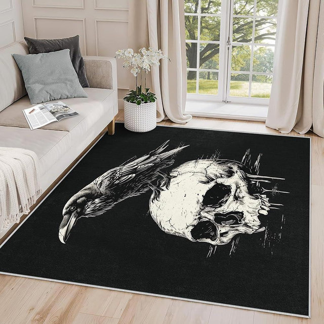 Yoozitrees Gothic Rug 4x6 - Gothic Rug, 2x3 Rug, Goth Skull Cow Area Rug, Scary Skeleton Raven Door Mat, Washable & Non Slip & Soft Small Carpet, Gothic Home Decor Gifts