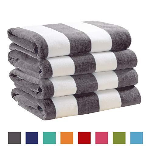 4 Pack Plush Velour 100% Cotton Beach Towels. Cabana Stripe Pool Towels for Adults. (Charcoal Grey, 4 Pack- 30" x 60")