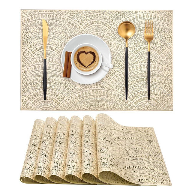 Gold Rectangle Placemats Set of 6, Vinyl Place Mats Hollow-Out Curved Pattern Waterproof Oil-Proof Wipeable Table Mats for Kitchen and Dining Centerpiece Table Decorations