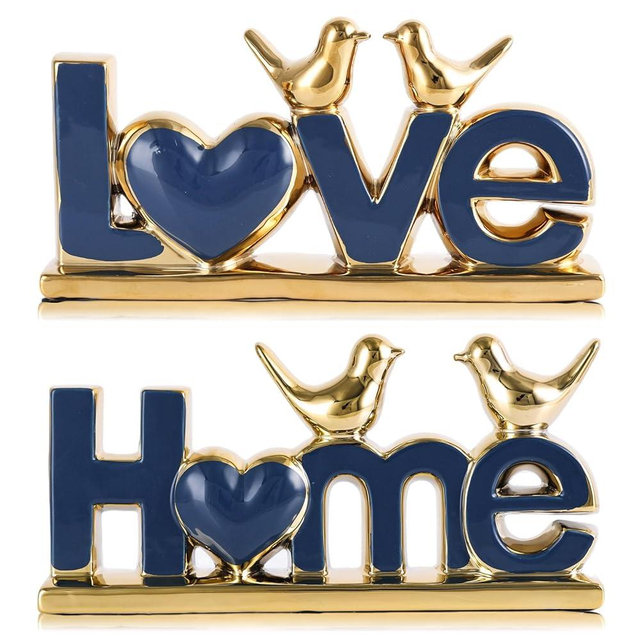 GAOSHENG Ceramic Love & Home Sign Decor with Bird Statues Set 2,10" Modern Blue Gold Tabletop Sculptures for TV Stand,Floating Shelf & Entryway,Romantic Wedding & Warm Housewarming Gift Set (Blue)