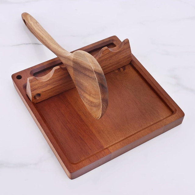 Kitchen Acacia Wood Utensil Rest, Bonfixe Durable Spoon Rest for Stove Top, Easy to Clean Utensil Holder for Kitchen Counter, Dishwasher Safe Space-Saving Gift