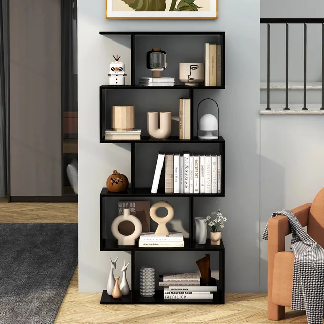 Costway 5-Tier Bookshelf Geometric S-Shaped Bookcase Room Divider Storage Display Shelf Black