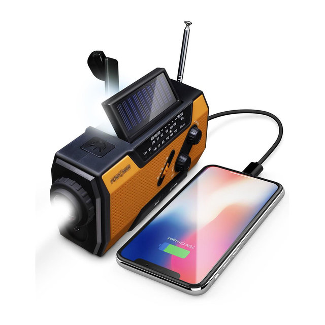 FosPower Solar Crank Radio Model A1 for Emergency with AM/FM, Flashlight, Reading Lamp And 2000mAh Power Bank - Orange IPX3
