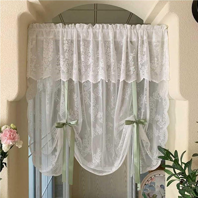 Bow Tie Up Curtains Floral White Lace Curtains Sheer Kitchen Curtain Rod Pocket Light Filtering Ruffled Voile Window Valances For Living Room Bedroom Cafe Window Door