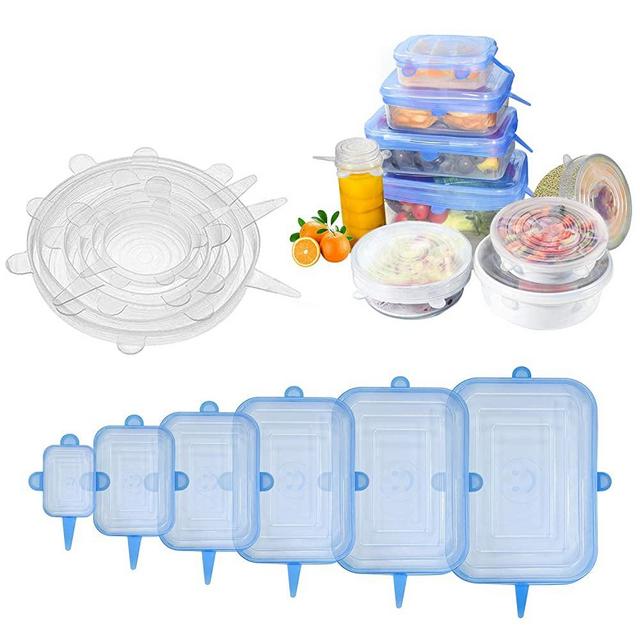 [12pack] Longzon Silicone Stretch Lids 6Pcs Clear Round 6Pcs Blue Rectangle, Reusable Durable Food Covers for Bowls, Cups, Cans, Fit Different Sizes & Shapes of Container, Dishwasher & Freezer Safe