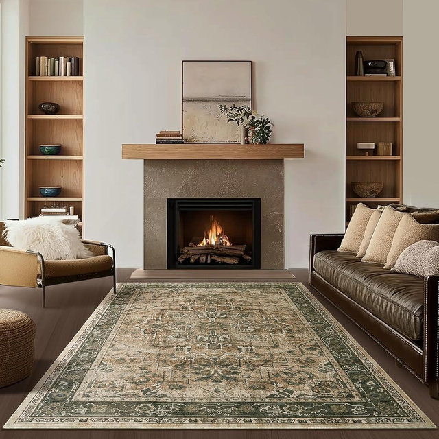 Jainmy Moody 6x9 Area Rugs for Living Room, Low Pile Thin Washable Non Slip Rugs for Bedroom Dining Room, Vintage Medallion Distressed Carpet for Home Office Guest Room, Multi Brown/Green