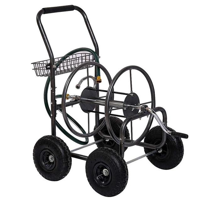 Dulce Domi Hose Reel, Heavy Duty Hose Reel Holds 300 Feet of 5/8" Hose, Durable Garden Hose Reel W/ Powder Coat Finish, Extra Basket Storage Water Hose Reel W/ 10" MAX 20PSI Pneumatic Tires (Grey)