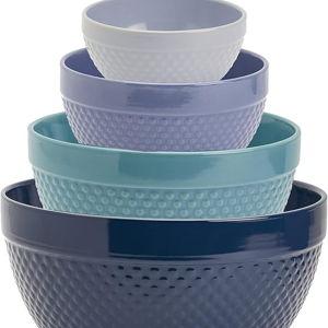 TTU Tabletops Gallery Hobnail Style 4 Piece Blue Storm Stoneware Nesting Mixing Bowl Set for Baking and Cooking