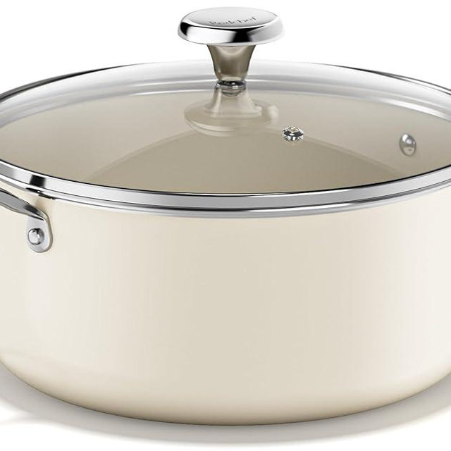 Redchef Ceramic Stock Pot with Lid, Soup Pot for All Stoves, 5 Qt Induction Cooking Pot for Soup Nonstick, Even Heating, Stay-Cool Handles, Oven/Dishwasher Safe, PTFE PFAS Free (Beige)