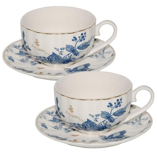 KAITOER Tea Cups and Saucers Coffee Cappuccino Espresso Latte Cup Mugs Special Gold Line Ceramic Cup Porcelain Tea Cups Set of 2 (7 oz) for Gifts,Party,Gatherings, Afternoon Teas,Receptions