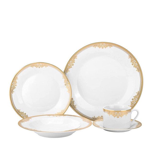 Royalty Porcelain 20 pc Dinnerware Set with Gold Floral Ornament, Bone China, gold, white