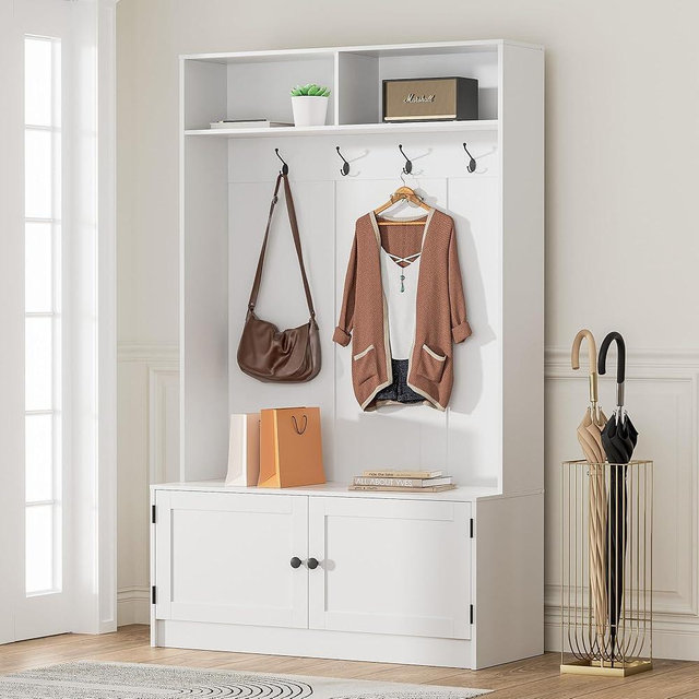 MHOM White Hall Tree with Storage, 65" Tall Entryway Bench with Shoe Storage, Coat Rack and Top Shelf, Freestanding Wooden Hall Tree with Bench for Entryway, and Hallway