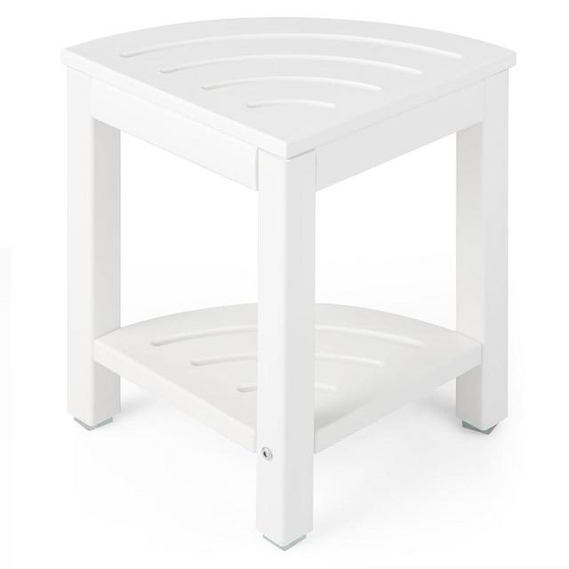 Giantex Corner Shower Stool Waterproof - HDPE Shower Bench Seat with Storage Shelf for Shaving Legs, Non-Slip Foot Pads, Plastic Spa Bath Step Foot Rest for Bathroom Small Place (White)