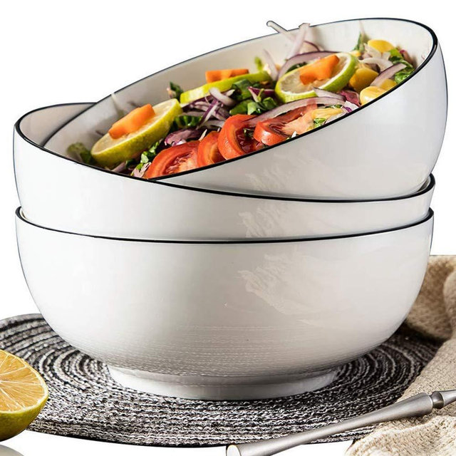 Salad Soup Ramen Bowls, 60 Oz Ceramic Salad Bowls Super Large Stackable Round White Fine Porcelain Cereal Pasta Serving Bowl Sets, 3 Pack