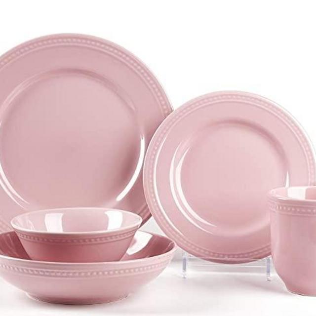 HomeVss, Pearl Dots Stoneware Dinnerware Set (20pc Set, Pink)