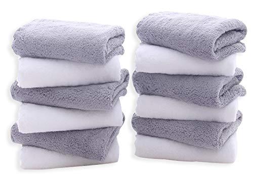 TENSTARS 12 Pack Premium Washcloths Set - Quick Drying - Soft Microfiber Coral Velvet Highly Absorbent Wash Clothes - Multipurpose Use as Bath Fitness, Spa, Facial, Fingertip Towel (Grey and White)