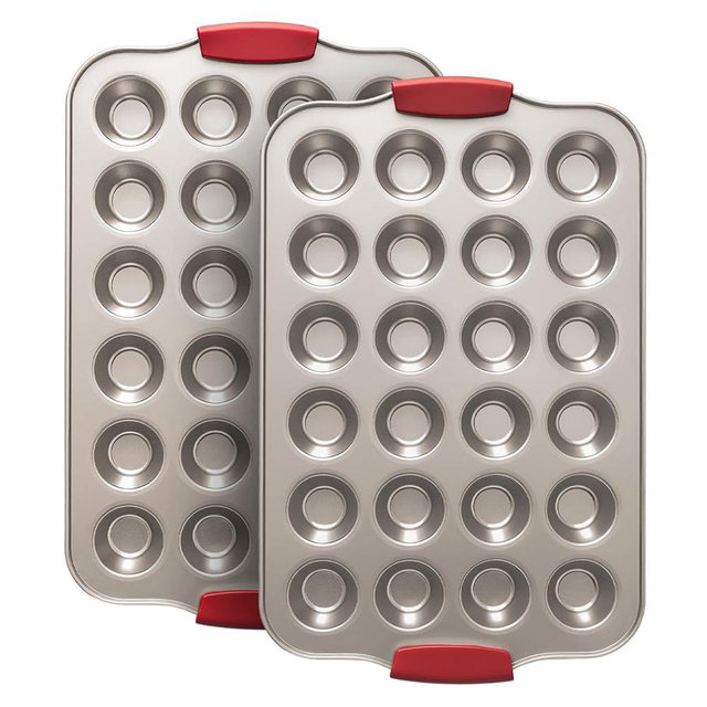 Shinsin Mini Muffin Pan, 24 Tin Cupcake Pan, Nonstick Small Muffin Tray with Silicone Grip Handles, Durable Mini Cheesecake Cup Cake Pans for Baking, 2-PACK,Gold
