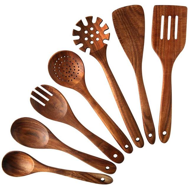 Wooden Kitchen Cooking Utensils, 7 PCS Teak Wooden Spoons and Spatula for Cooking, Sleek, Sold and Non-stick Cookware for Home Use and Kitchen Décor (7)