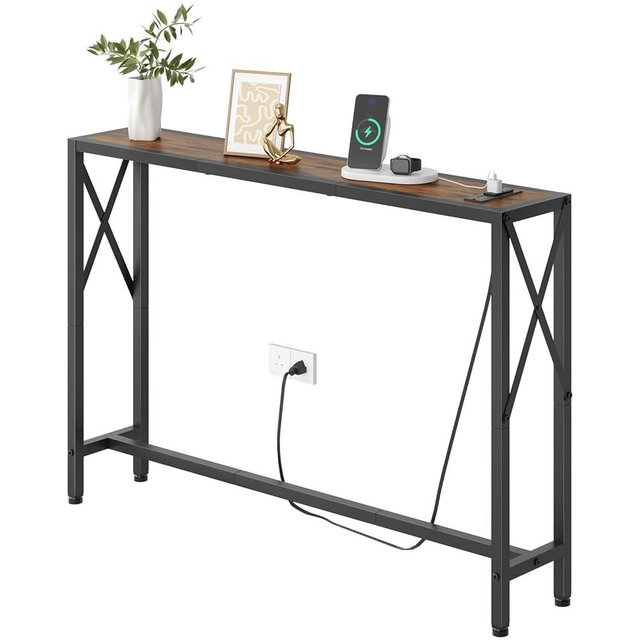 Gewudraw 41.8" Console Table, Narrow Behind The Couch Table with Outlet, Industrial Skinny Stand for Hallway, Entryway, Living Room, Bedroom, 6.5 Feet Power Cord,Rustic Brown