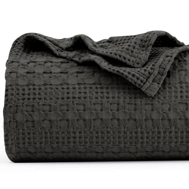PHF 100% Cotton Waffle Weave Blanket King Size - Washed Soft Lightweight Blanket for All Season - Breathable and Skin-Friendly Blanket for Couch Bed Sofa 108"x90" - Black