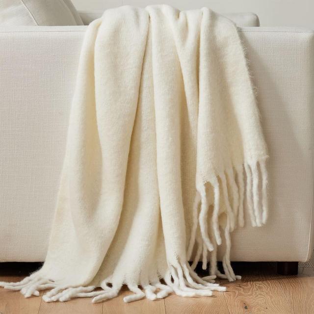 Hayes Twill Faux Mohair Throw, 50" x 60", Ivory