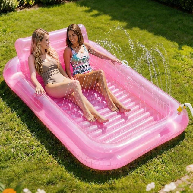 Inflatable Tanning Pool Lounger Float with Sprinkler, Pool Float Adult with Pillow & Cup Holder, Sunbathing Blow Up Tanning Bed, Suntan Tub Raft Floatie for Backyard Summer Water Party Extra-Large