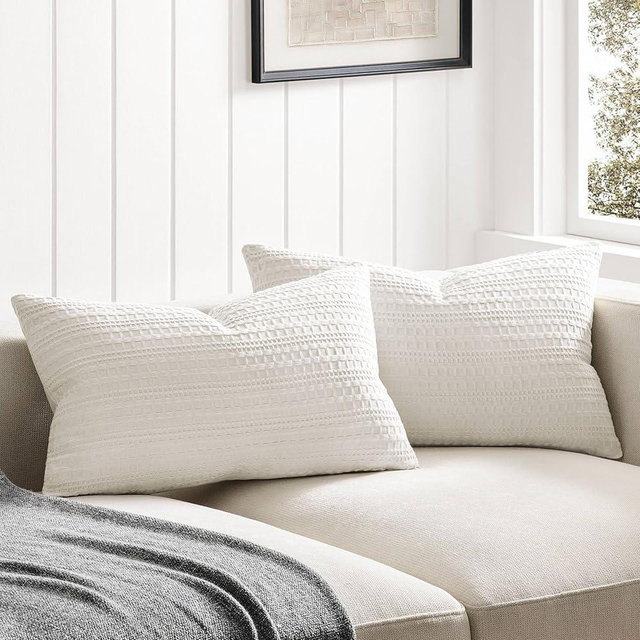 ZeeMart 100% Cotton Waffle Textured Lumbar Throw Pillow Covers Set of 2, 12x20 Inch Ivory, Soft Farmhouse Decorative Couch Pillow Cases Off White Cushion Covers for Sofa Bed Living Room Home Decor