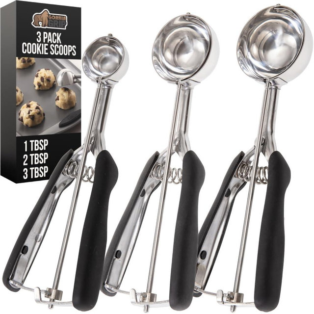 GORILLA GRIP Stainless Steel Multipurpose BPA-Free Spring Scoop, 3 Pack Includes 1, 2, and 3 TBSP Sizes, Melon Ballers Scoops, Perfect Portion Sizes, Easy Squeeze, Clean Release, Black
